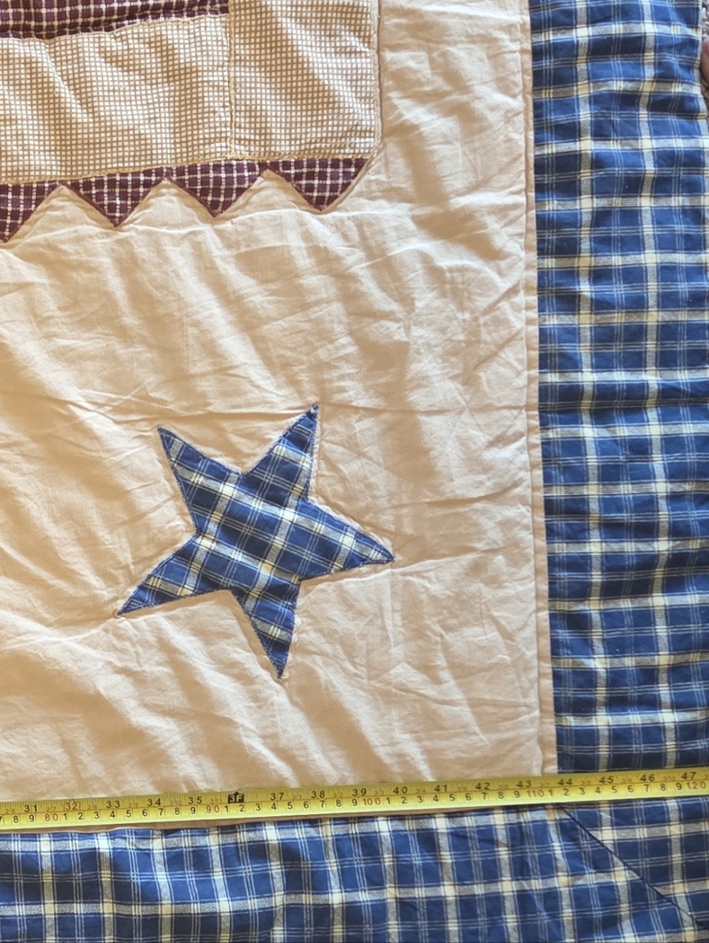 Star & Stripe Patchwork Quilted Throw - Cream and Blue - Picture 2 of 5